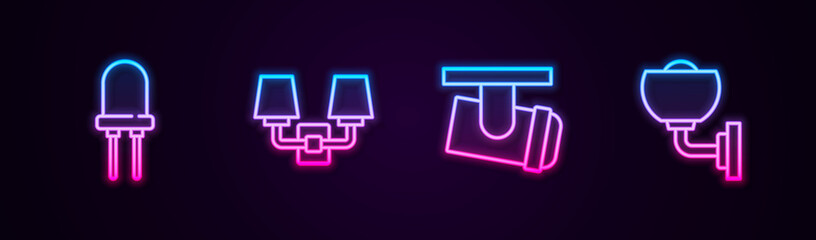 Set line Light emitting diode, Wall lamp or sconce, Led track lights and lamps and . Glowing neon icon. Vector.