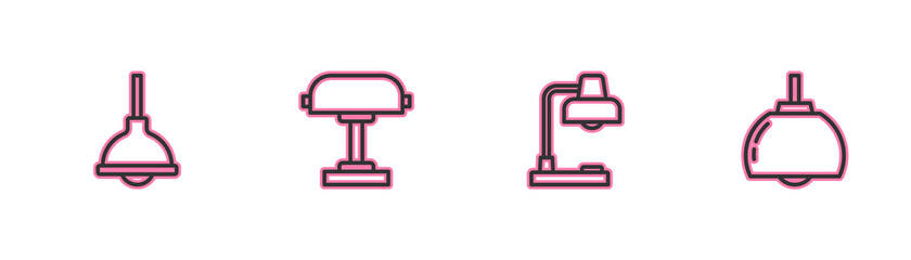 Set line Lamp hanging, Table lamp, and Chandelier icon. Vector.