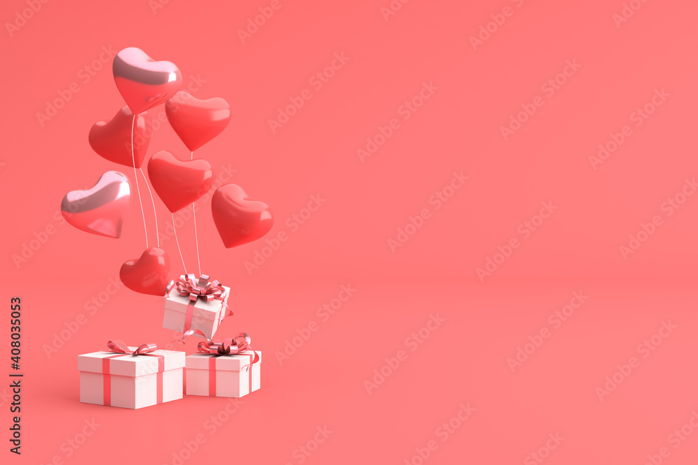 Poster mock up of gift box with balloons in heart shape. 3d rendering.