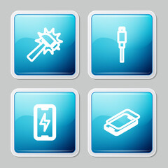 Set line Hammer, USB cable cord, Mobile charging battery and Glass screen protector icon. Vector.