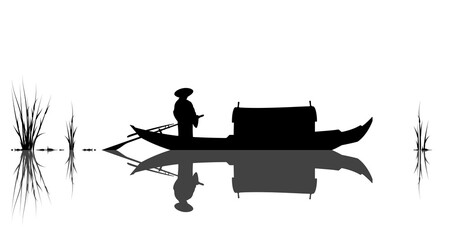 Oriental style sceen, boat and man. Vector illustration.