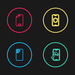 Set line Smartphone, Mobile with broken screen, shield and Glass protector icon. Vector.