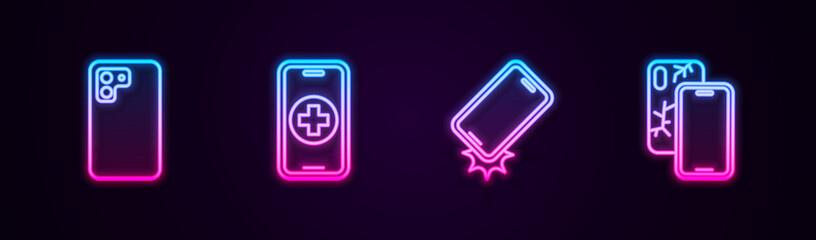 Set line Smartphone, Phone repair service, Shockproof and Mobile with broken screen. Glowing neon icon. Vector.