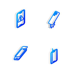 Set Isometric line Shockproof phone, Mobile with exclamation mark, Glass screen protector and icon. Vector.