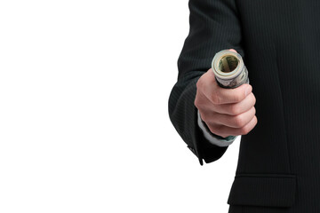 Business man holding cash money bundle closeup. isolated on white