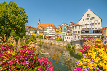 Fototapeta na wymiar Tuebingen, old city view by the Riverfront Neckar. Tübingen, Germany
