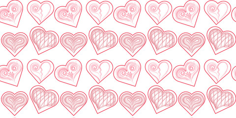 Watercolor abstraction of red and pink cute hearts on a white background. Illustration with hearts in love concept for festive design. Seamless pattern for your business.