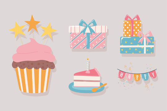 happy birthday cupcake cake gifts pennants celebration party cartoon icons set