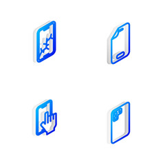 Set Isometric line Glass screen protector, Mobile with broken, Phone repair service and Smartphone icon. Vector.