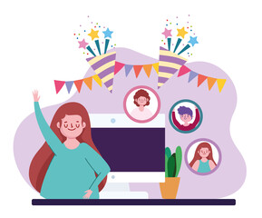 virtual party, woman communicating and celebrating remotely online