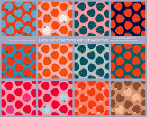 A large set of seamless illustrations with strawberries. Vector stylish patterns. Bright strawberry backgrounds. Suitable for packaging, covers, fabrics, wallpaper, backgrounds, design.