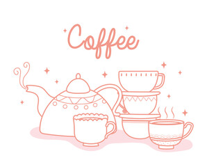 coffee kettle and cups fresh hot beverage, line style