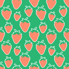Fruit seamless pattern, Hand drawing Strawberry patterns on green wallpaper.	