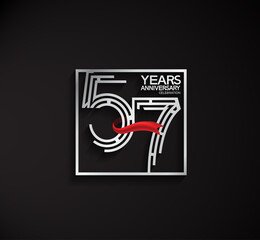 57 years anniversary logotype with square silver color and red ribbon can be use for special moment and celebration event