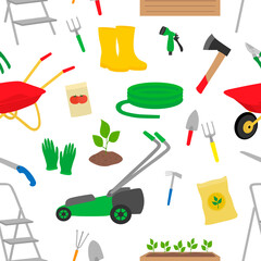 Seamless pattern gardening elements vector illustration. Garden tools.