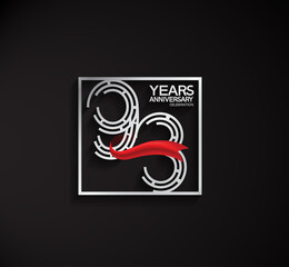 93 years anniversary logotype with square silver color and red ribbon can be use for special moment and celebration event