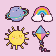 Fototapeta na wymiar set icons kite rainbow sun planet cartoon sitckers