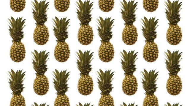 animation of the movement of pineapples upward. Rotates. patern. tropical fruit on a white background. the concept of style, healthy food, fashion. 3d motion design. Ripe juicy. Splash, cutoff, blank