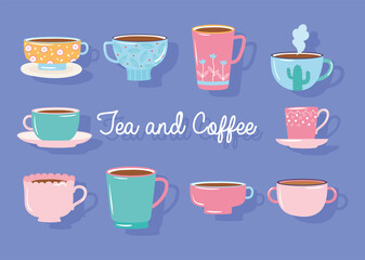 tea and coffee different cups decorated collection
