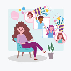 virtual party, woman on a chair celebration people by internet