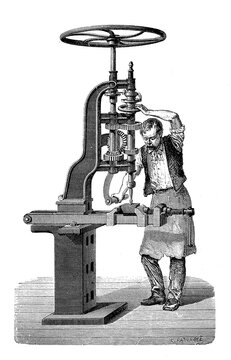 Worker busy in the workshop with a vertical drilling machine, 19th century engraving