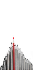 pencils leader concept, red pencil among ordinary pencils on white background