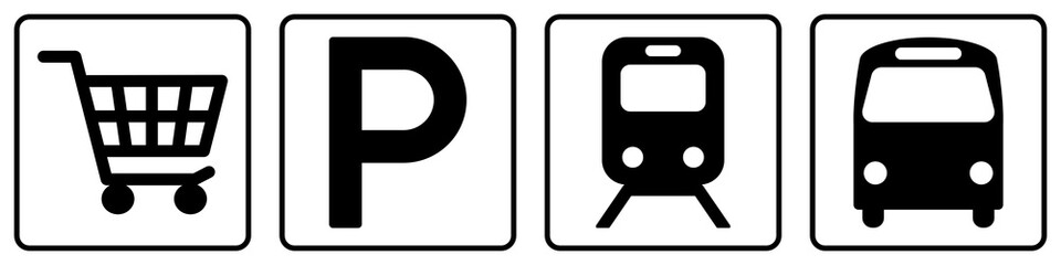ntss101 NewTransportSignSquare ntss - Maskenpflicht im öffentlichen Nahverkehr - einkaufswagen, parkplatz, straßenbahn, bus icons. - piktogramm / öffentlicher personenverkehr - banner 4zu1 - g10170