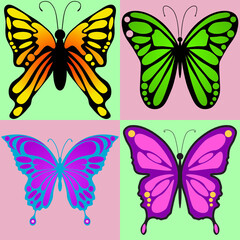 butterfly vector with various shapes and colors such as black, orange, green and purple