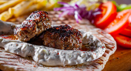 Spicy bifteki, frikadelle or frikkadel meatballs with minced beef and lamb with pita bread, tzatziki dip, vegetables salad and French fries. Greek meatballs keftedes or Keftedakia. © pavel siamionov