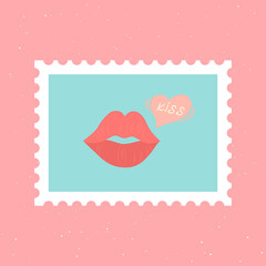 Sexy beautiful Red  Woman Lips and message with word – Kiss.  Cute and romantic hand-drawn post stamp. Mail conceptual drawing. Love and Valentines day concept. Designs for greeting cards, print, web