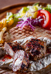 Spicy bifteki, frikadelle or frikkadel meatballs with minced beef and lamb with pita bread, tzatziki dip, vegetables salad and French fries. Greek meatballs keftedes or Keftedakia.