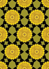 sunflowers. seamless vertical monochrome pattern. yellow round ornaments on a green background. bright design of textiles, printing products.