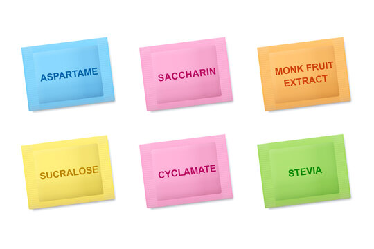 Color codes of sugar substitute packets. Sweetener pouches, color definition. Blue for aspartame, pink for saccharin or cyclamate, yellow for sucralose, orange for monk fruit extract, stevia is green.