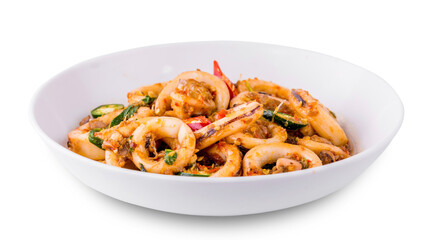 Spicy fried squid with basil leaves
