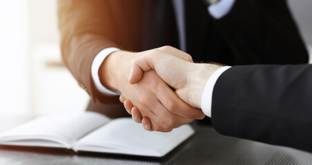 Businessman shaking hands with his colleague above the glass desk in sunny modern office, close-up. Unknown business people at meeting