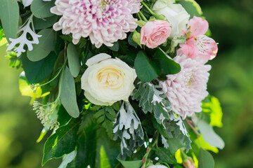 Flower arrangement for wedding arch close-up