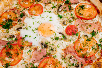 Fresh carbonara pizza with scrambled egg on wooden background