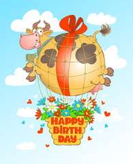 Vector humorous birthday illustration. Cute cow in the form of a balloon flies with a basket of flowers