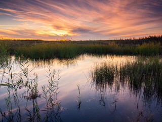 Atardecer en laguna con nubes de color dorado y reflejo en el agua
