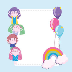 little boys and girls cartoon rainbow balloons card, Children