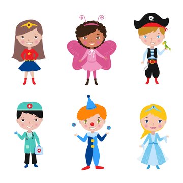 Kids wearing different costumes for costume party. Children Purim carnival funfair parad concept. Cute little superhero, princess, clown, butterfly, doctor, pirate with parrot vector illustration.