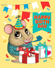 Vector humorous birthday illustration. A cute funny mouse is sitting in a hat and a whistle with big gifts. Around the flags and tinsel.