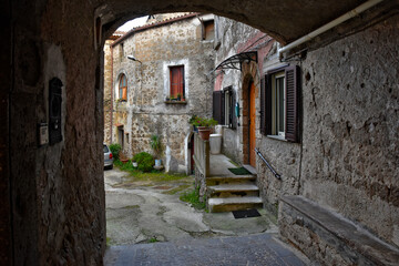 A narrow street in Tora e Piccilli, a medieval village in the province of Caserta, Italy.