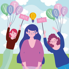 group women with placard vote and balloons advertising elections