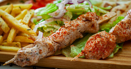 greek Chicken Souvlaki with salad, french fries potato, pita and tzatziki sauce on wooden plate