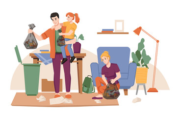 Cleaning house, family gathers and throws away garbage, father mother and daughter tidy up room. Vector dad with little girl on hands throw wastes in dust bin. Mom with packet gather papers from floor