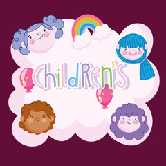 handwritten Childrens text, faces girls boys rainbow and balloons cartoon