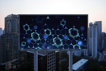 Glowing hologram of technological process on billboard, aerial panoramic cityscape of Bangkok at...