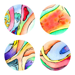 Watercolor four psychedelic abstract circles. Web template, postcard. Colorful round stains, paint splashes, wave lines. Social media buttons, clothes print. Raster stock illustration, white isolated.