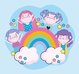 funny kids together stars rainbow cartoon, Childrens